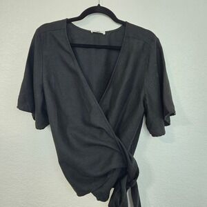 Vetta The flutter Sleeve Wrap Top Black Tie Linen Blouse Size L